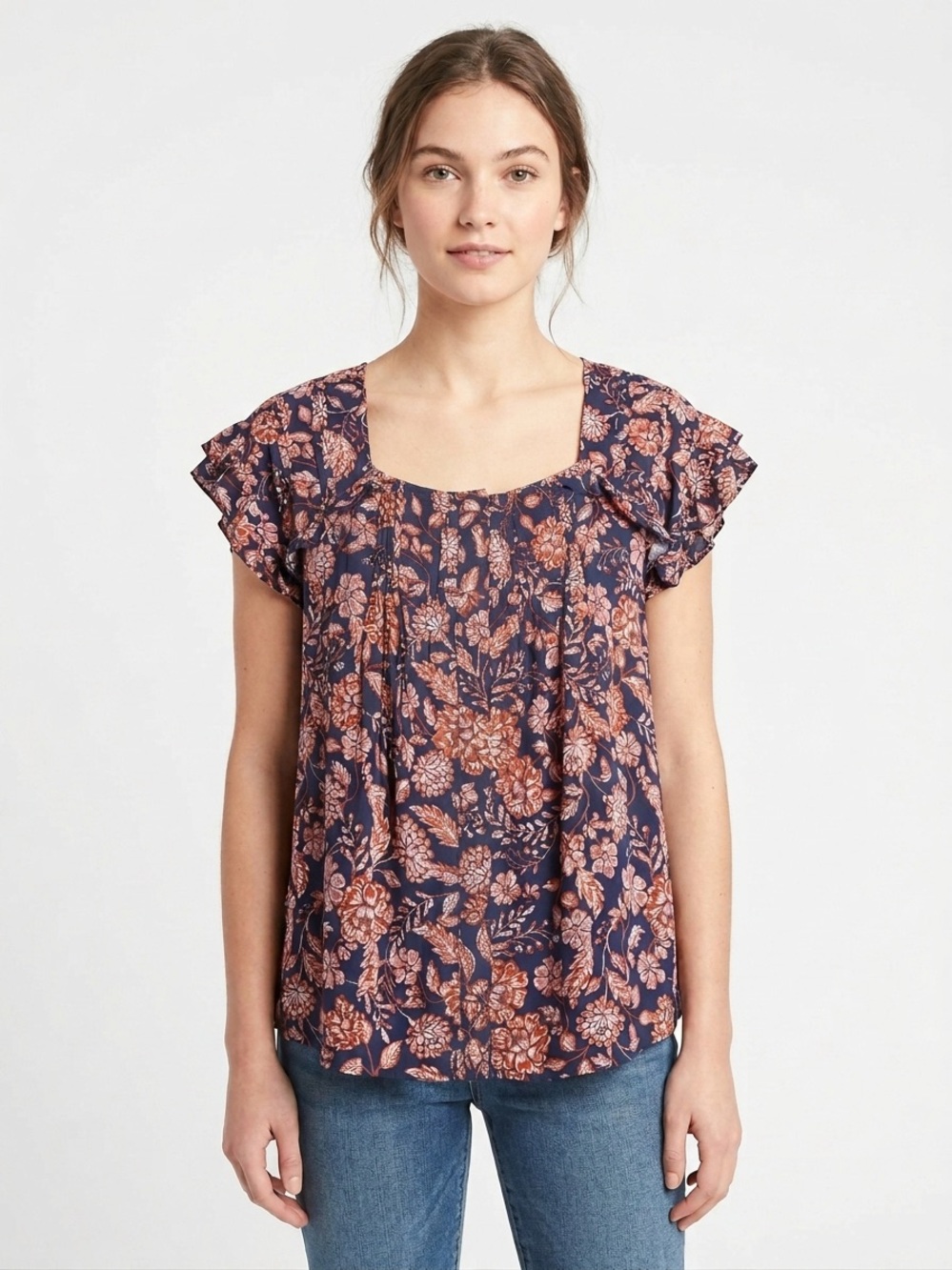 Old Navy Floral Ruffled Short Sleeve Top - Navy with Rust Floral